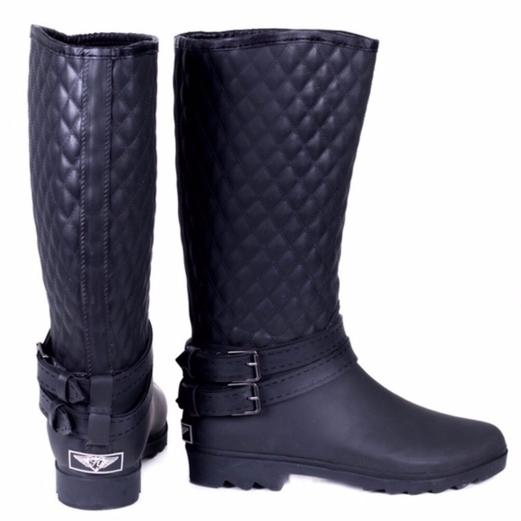 Women Rainboots, Black Quilted Rider Rubber Rain Boots, NEW - Picture 3 of 4